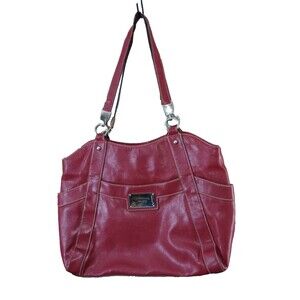 Liz Claiborne Red Faux Leather Tote Shoulder Bag Large Purse Multi Pocket
